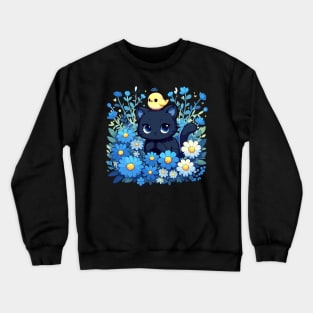 Black Cat With Yellow Bird in Flower Garden Crewneck Sweatshirt